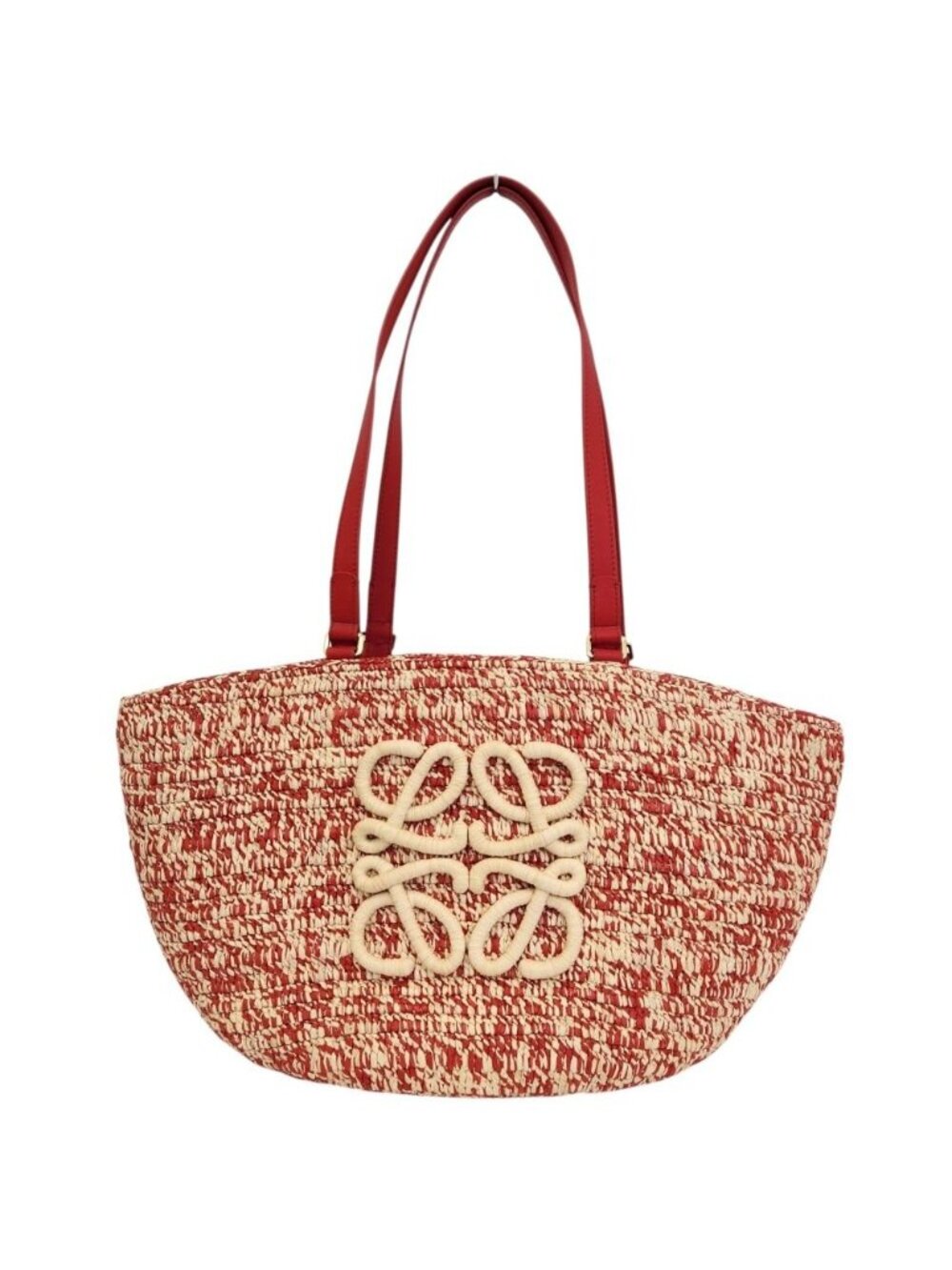 Loewe Eclipse Basket Raffia&calfskin Medium Red Natural Handbag